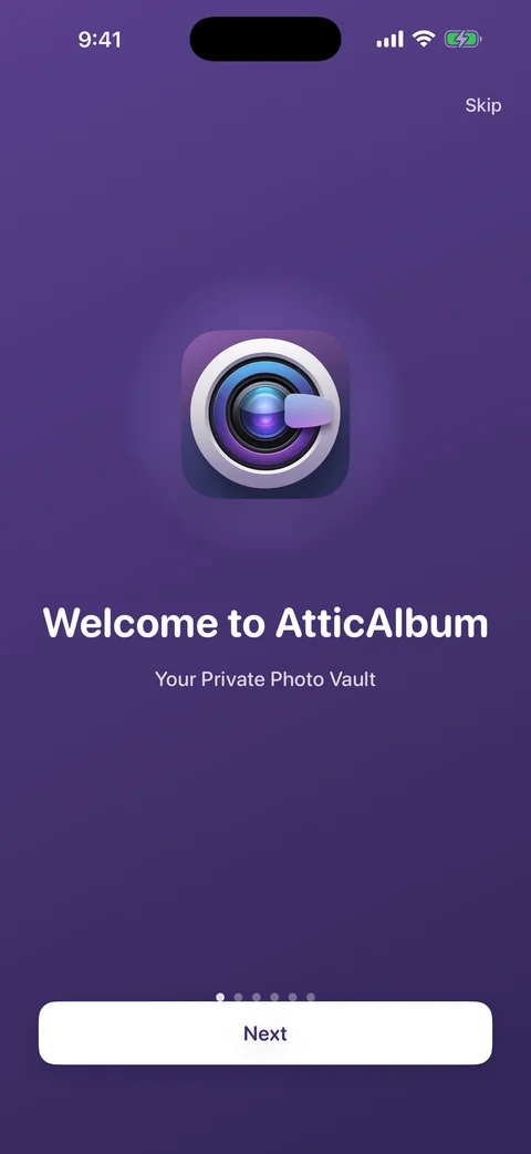 AtticAlbum welcome screen showing the app icon and tagline on a purple gradient background