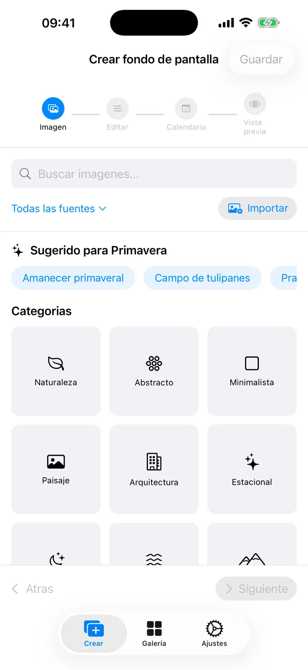 Pantalla de creación de WidgeOne mostrando un fondo siendo editado con calendario superpuesto y controles de filtro