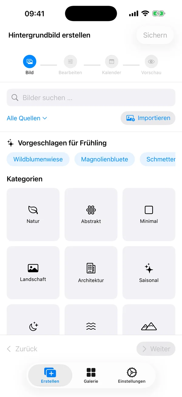 Erstellungsbildschirm von WidgeOne mit einem Hintergrund in Bearbeitung, ueberlagertem Kalender und Filtersteuerelementen