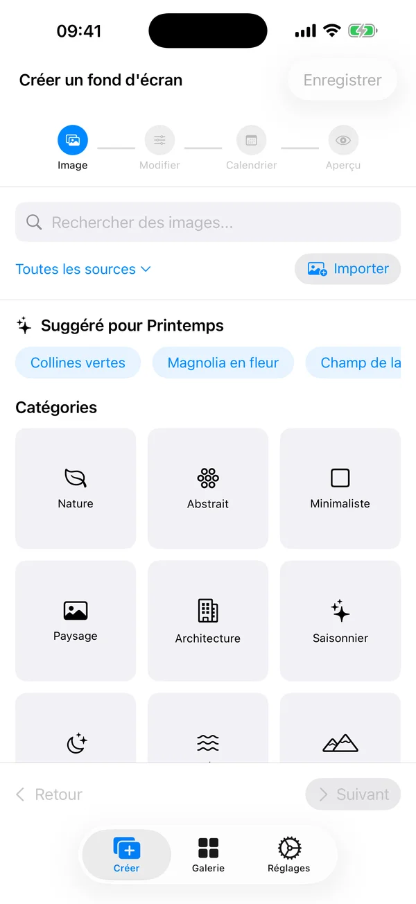 Écran de création de WidgeOne montrant un fond d'écran en cours d'édition avec calendrier superposé et commandes de filtre