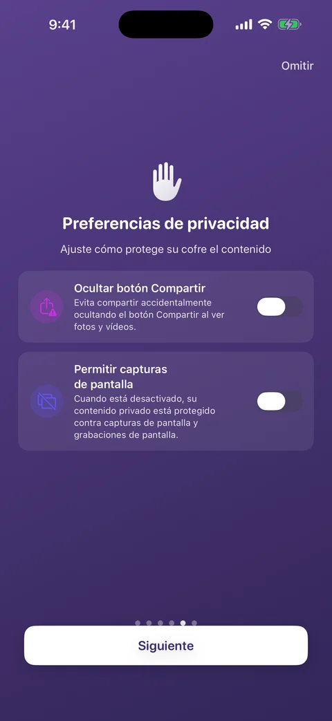Pantalla de configuración de privacidad de AtticAlbum con opciones para el botón de compartir y las capturas de pantalla