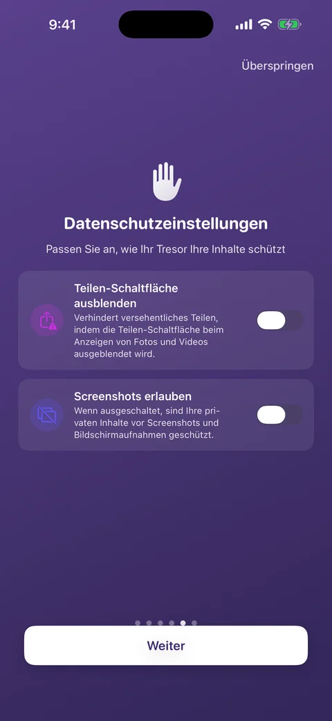 Datenschutz-Einstellungen von AtticAlbum mit Optionen für den Teilen-Button und Screenshots