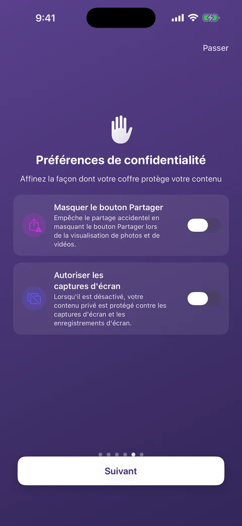 Écran de configuration de la confidentialité d'AtticAlbum avec les options de partage et de captures d'écran