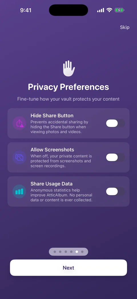AtticAlbum onboarding screen showing privacy preference toggles for share button, screenshots, and usage data