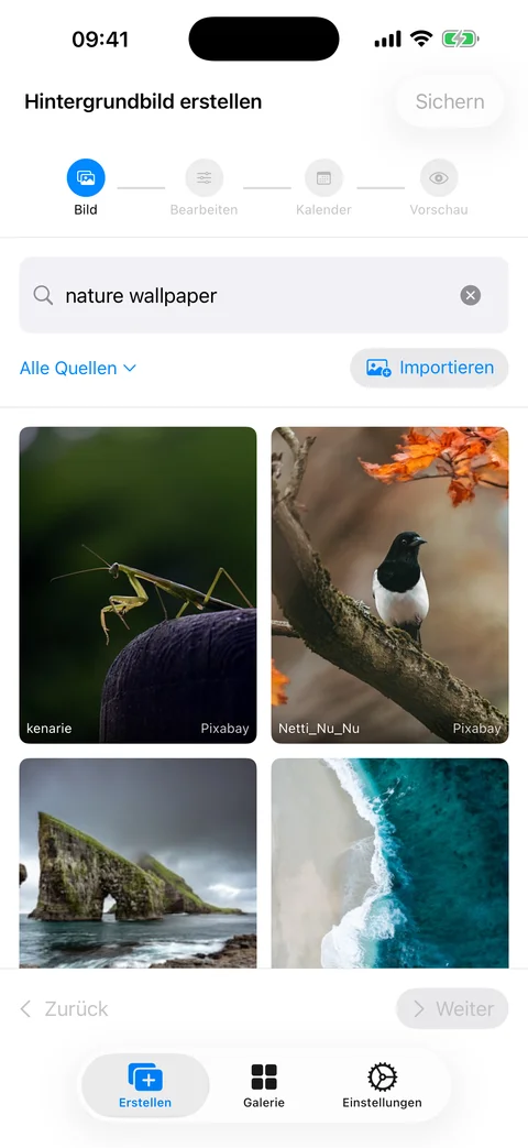 Bildauswahl-Bildschirm von WidgeOne mit einem Raster von Stockfotos