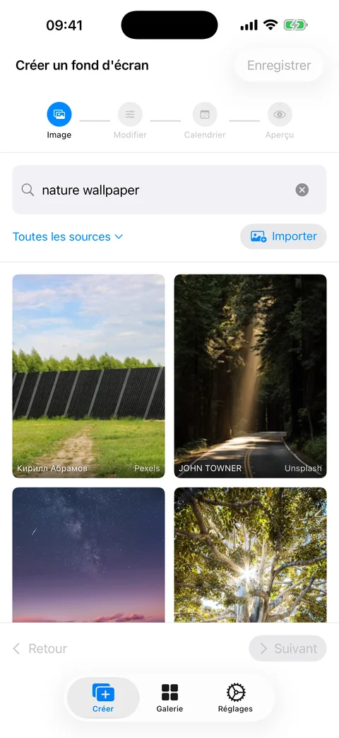 Écran de sélection d'images de WidgeOne affichant une grille de photos de banques d'images