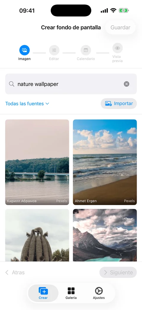 Pantalla de selección de imágenes de WidgeOne mostrando una cuadrícula de fotos de stock