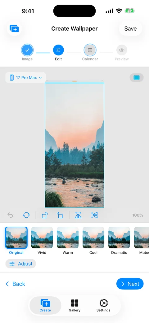 WidgeOne calendar editor with filter presets and device framing