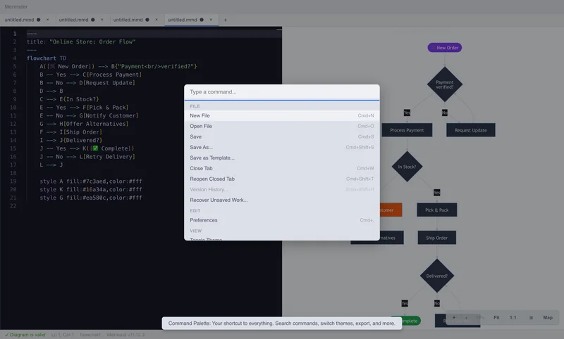 Mermster command palette overlay showing searchable commands and keyboard shortcuts