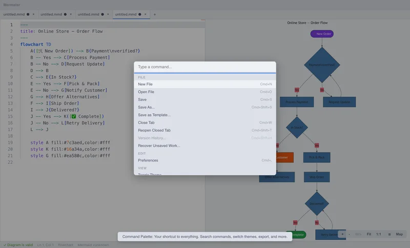 Mermster command palette overlay showing searchable commands and keyboard shortcuts