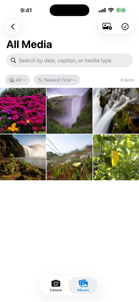 AtticAlbum media grid showing photo thumbnails with search bar and filter controls