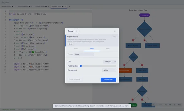 Mermster export dialog showing format tabs, DPI settings, and padding controls
