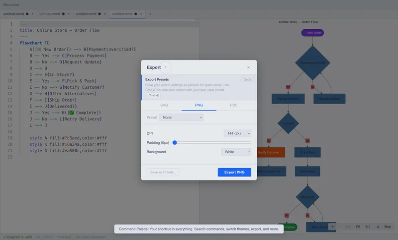 Mermster export dialog with format options, DPI settings, and padding controls