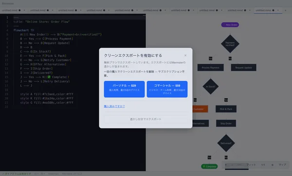形式タブ、DPI 設定、余白コントロールを表示する Mermster の書き出しダイアログ