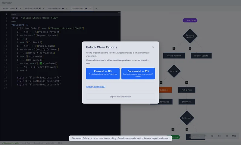 Mermster export dialog with format options, DPI settings, and padding controls
