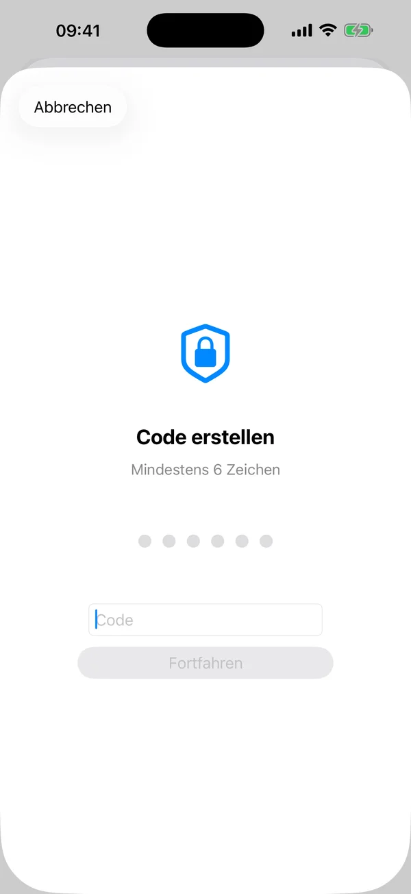 Passcode-Erstellungsbildschirm von AtticAlbum mit Schildsymbol und Mindestanforderung von 6 Zeichen