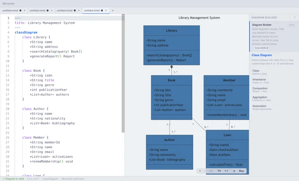 Mermster showing a class diagram with the diagram builder panel open