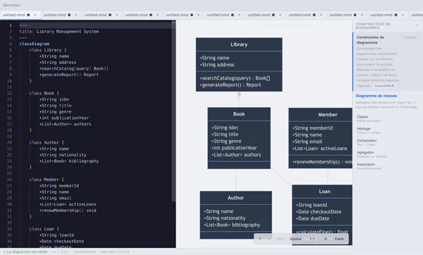 Mermster affichant un diagramme de classes avec le panneau du constructeur de diagrammes ouvert