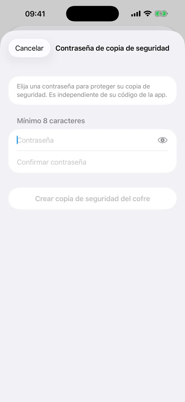 Diálogo de contraseña de respaldo de AtticAlbum con campos de contraseña y confirmación