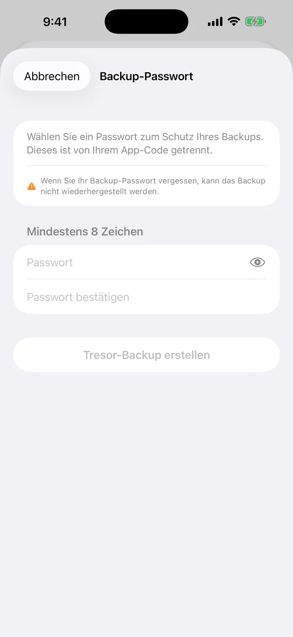 AtticAlbum-Sicherungspasswort-Dialog mit Passwort- und Bestätigungsfeldern und dem Hinweis, dass ein vergessenes Backup-Passwort nicht wiederhergestellt werden kann