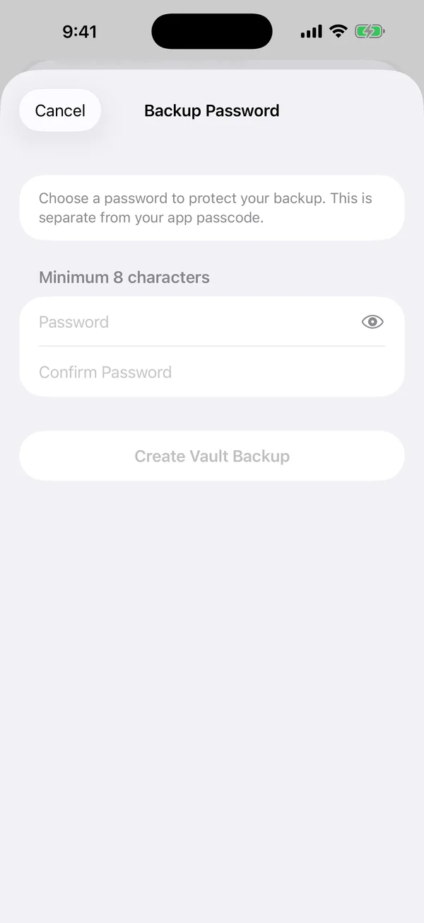 AtticAlbum backup password dialog with password and confirm fields and Create Vault Backup button