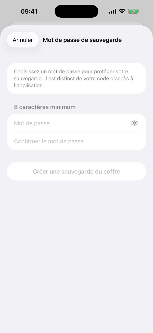 Boîte de dialogue de mot de passe de sauvegarde d'AtticAlbum avec champs de mot de passe et de confirmation