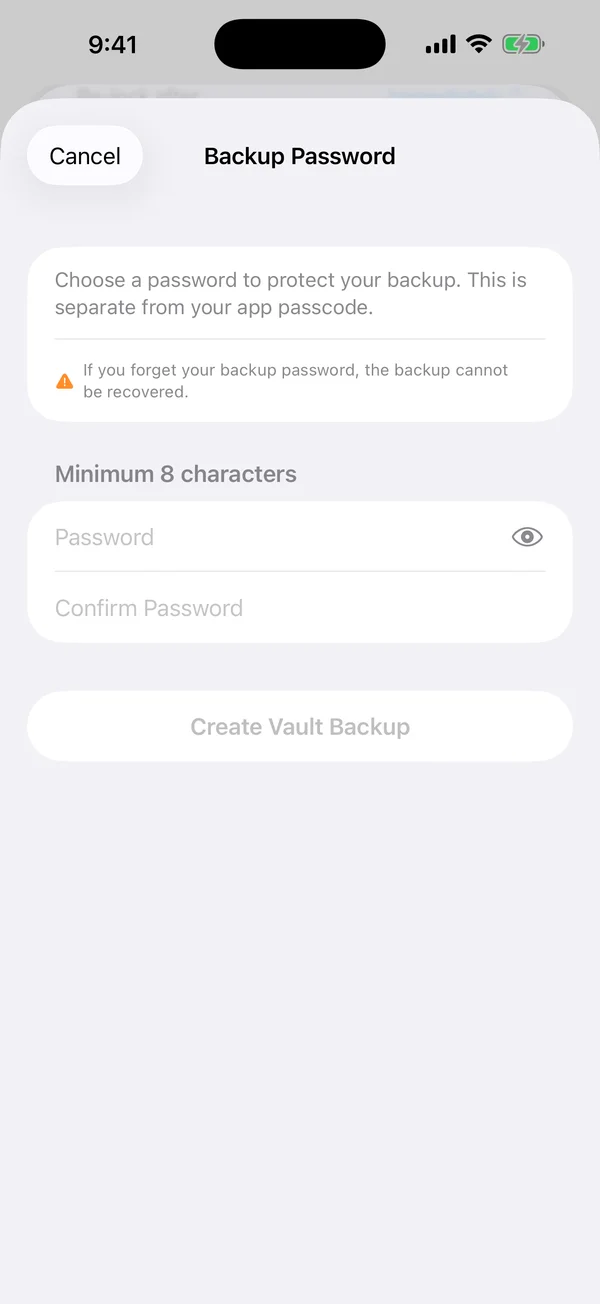 AtticAlbum backup password dialog with password and confirm fields and Create Vault Backup button, and a warning that a forgotten backup password cannot be recovered