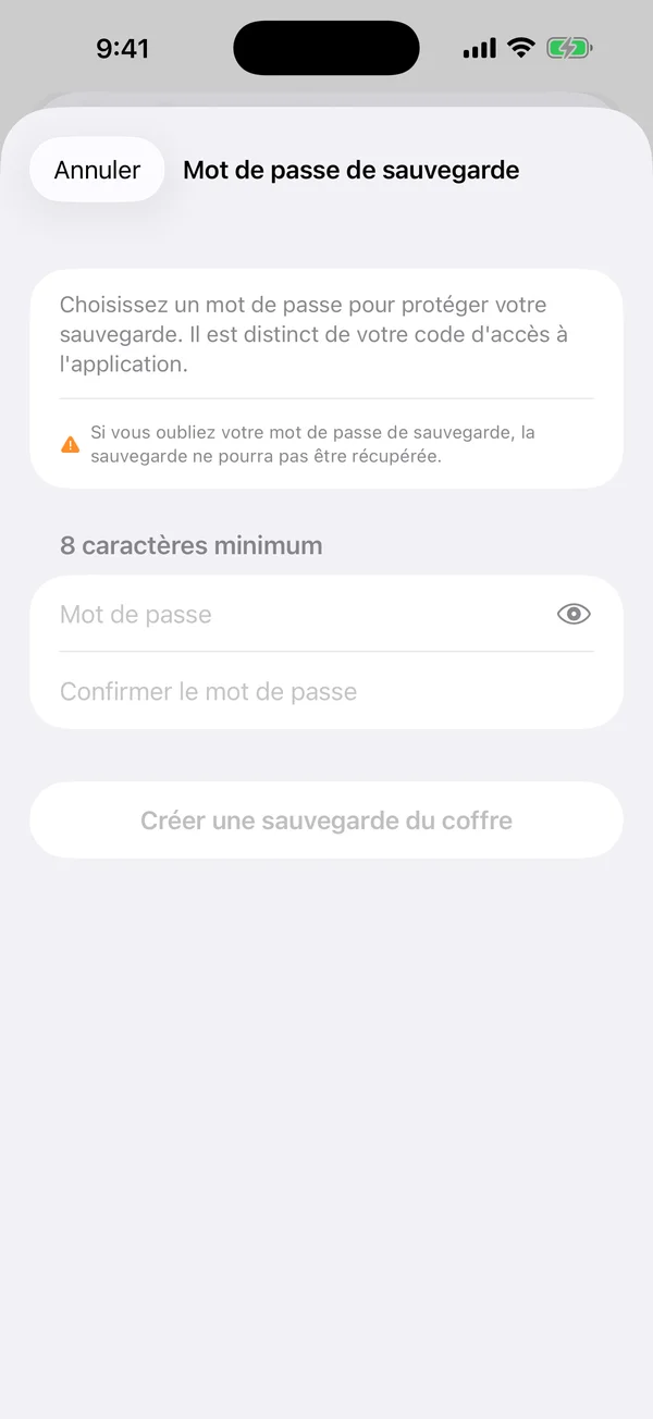 Boîte de dialogue de mot de passe de sauvegarde d'AtticAlbum avec champs de mot de passe et de confirmation, et un avertissement précisant que la sauvegarde sera irrécupérable en cas de perte du mot de passe