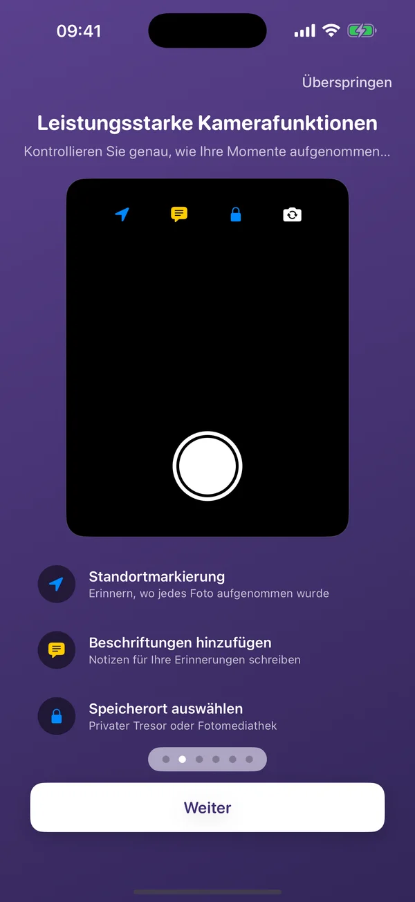 AtticAlbum-Kamerafunktionen mit Standortmarkierung, Untertiteln und Speicheroptionen