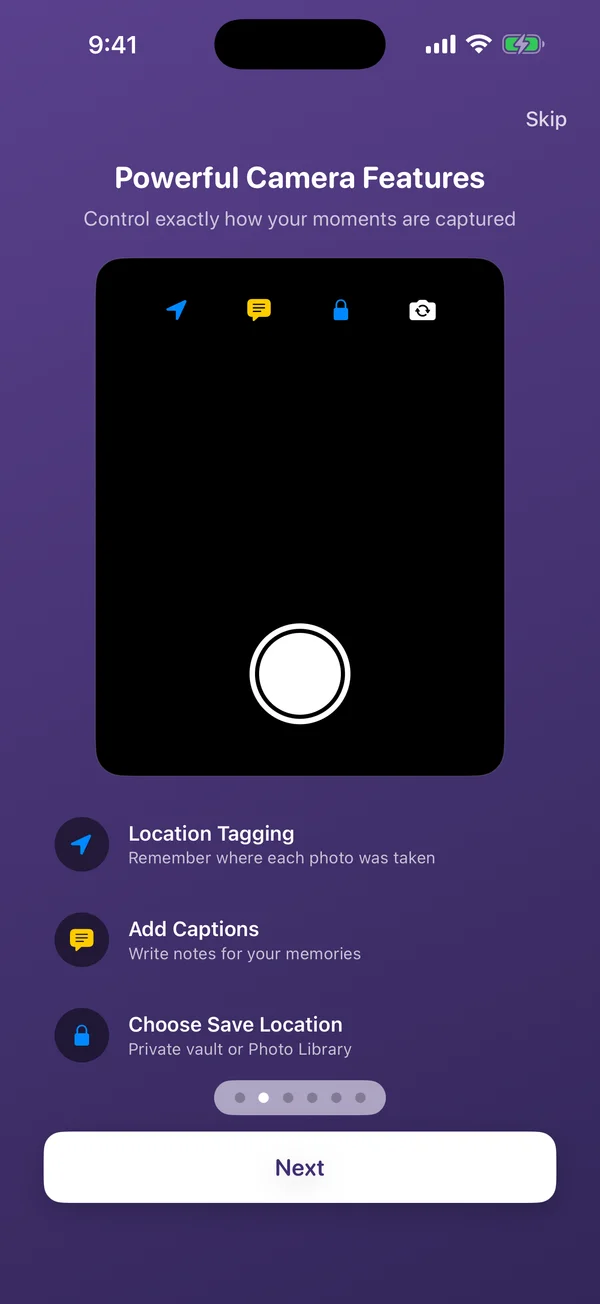 AtticAlbum camera features onboarding showing location tagging, captions, and save location options