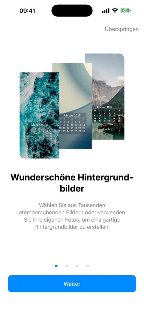 Willkommensbildschirm von WidgeOne mit drei Beispiel-Hintergruenden mit ueberlagerten Monatskalendern