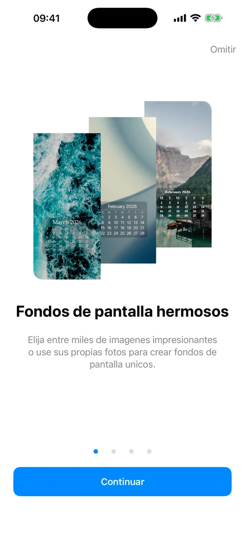 Pantalla de bienvenida de WidgeOne mostrando tres ejemplos de fondos de pantalla con calendarios mensuales superpuestos