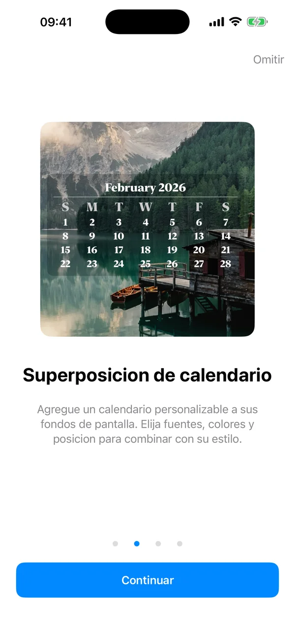 Onboarding de calendario de WidgeOne mostrando un calendario personalizable sobre un fondo panorámico