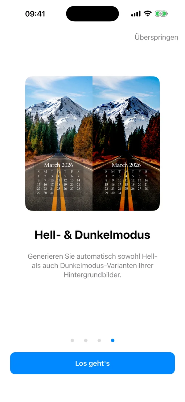 Helle und dunkle Hintergrundvarianten von WidgeOne nebeneinander mit Berglandschaft und Kalender